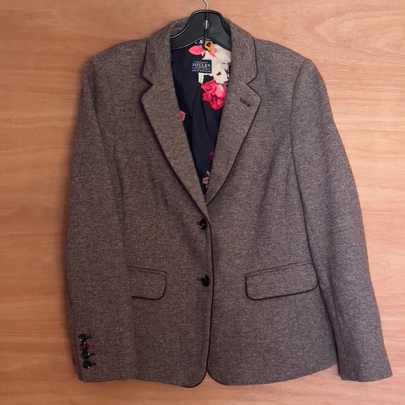 Joules Agatha brown tweed herringbone blazer jacket women's US8 EU40 UK12 piping - Picture 1 of 11